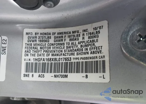 2008 Honda Civic Ex z USA, uszkodzony, nr VIN 1HGFA168X8L017653
